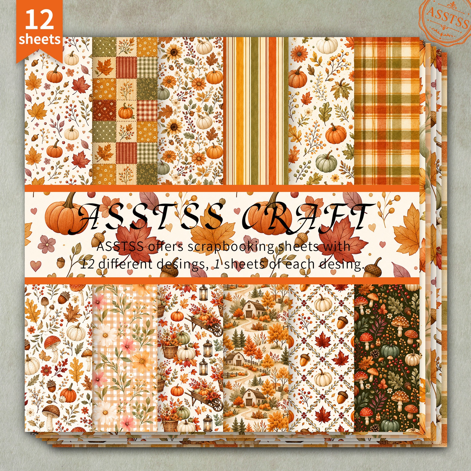 TEMU Bloc de papier de scrapbooking 12 feuilles assorties 6*6 pouces, fournitures de papier de support style automnal à carreaux avec citrouille,