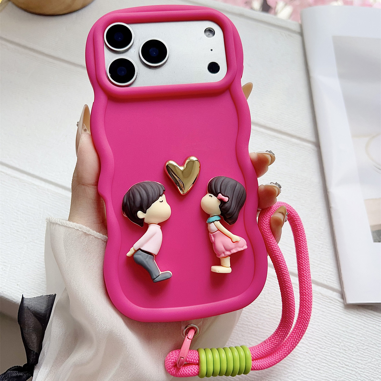 TEMU Phone Case - 1pc Couple Kissing Cute Macaron Phone Case, Full Coverage Anti-drop Wavy Frame Personalized Soft Phone Shell, With Removable