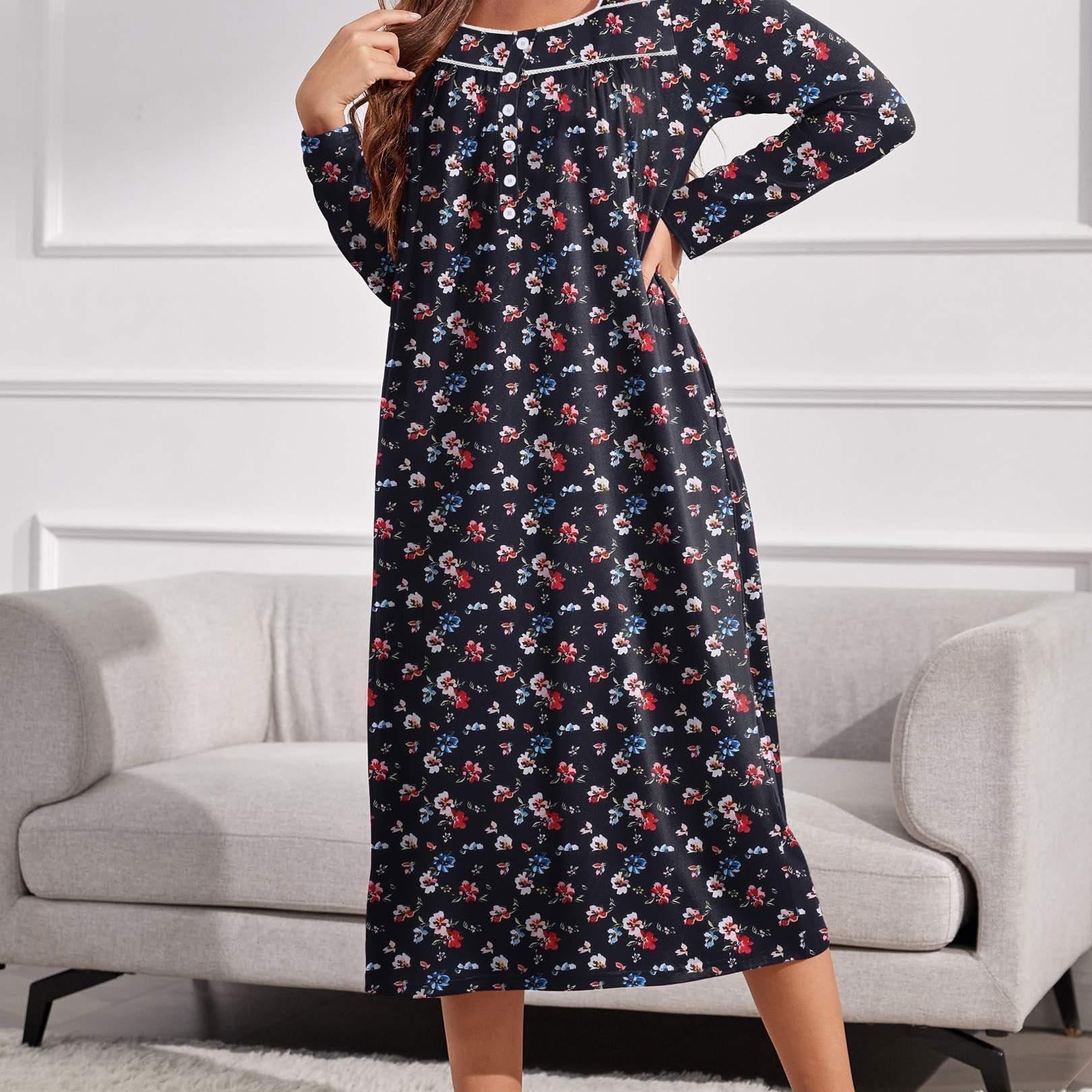 

Women's Long Sleeve Floral Print Nightgown - Comfortable Full-length Sleep Dress With Round Neck, Polyester And Spandex , Machine Washable, , Sleep Shirt