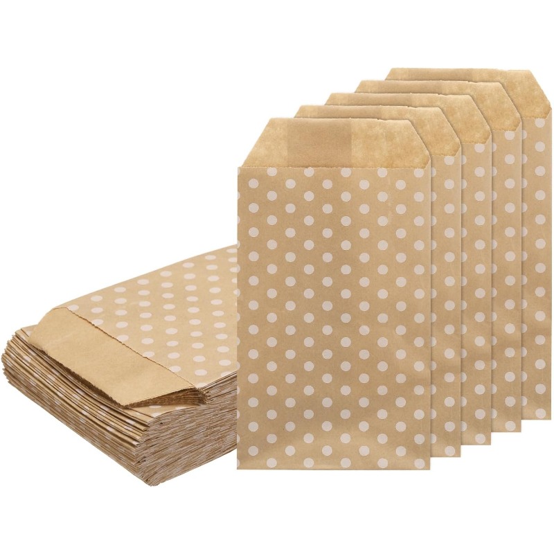 TEMU A Set Of 100 Brown Dot Paper Bags Measuring 15x8cm, Perfect For Small Flat Gift Bags Suitable For Wedding Party Favors