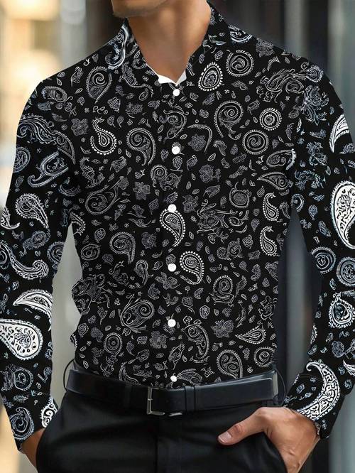 a mens long sleeve shirt featuring a black and white paisley print machine washable suitable for casual occasions like vacations and outdoor