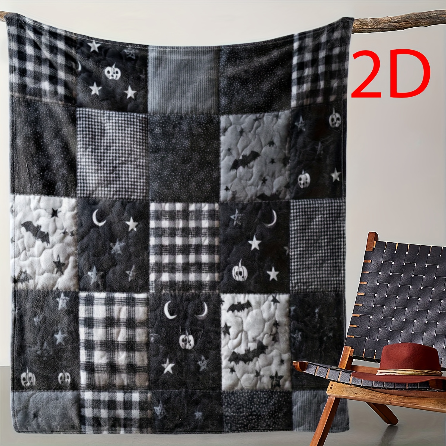 TEMU 1pc Gothic Black And White Flannel Blanket - Soft And Comfortable, Warm For , With Vintage Bat And Pumpkin Lantern Designs, Suitable For Sofa,,