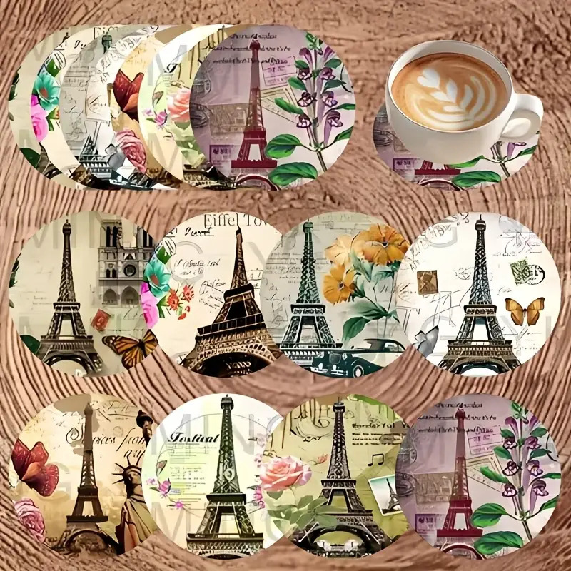 TEMU 8pcs Set Of Round Wooden Coasters - Retro Eiffel Tower , 2d Flat Home Decor, Suitable For Coffee Tables, Apartments, Bars, Glassware, Beer