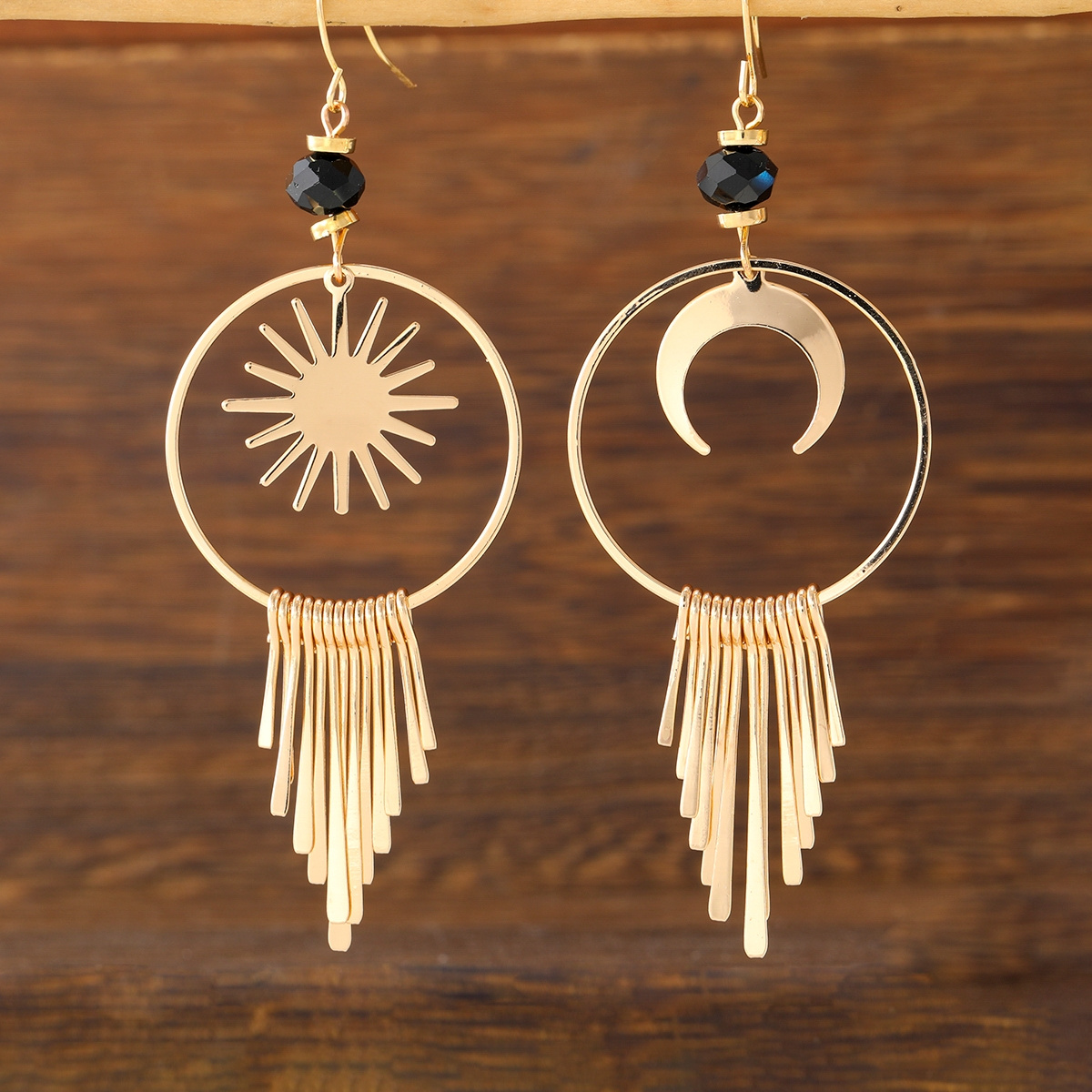 TEMU Black Beaded Earrings For Party And Banquet, Bohemian Ethnic Style Round Ring Tassel Sun Moon Pendant Jewelry, For Teenager