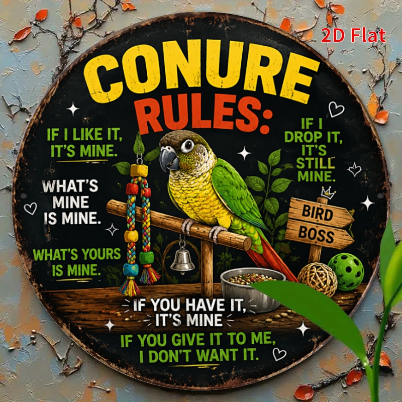 TEMU 2d Flat, [2dflat], 1pc 20x20cm- Conure Rules Funny Parrot Sign, Retro Bird Lover Decorative Signs For , Sarcastic Metal Wall Art For Conure