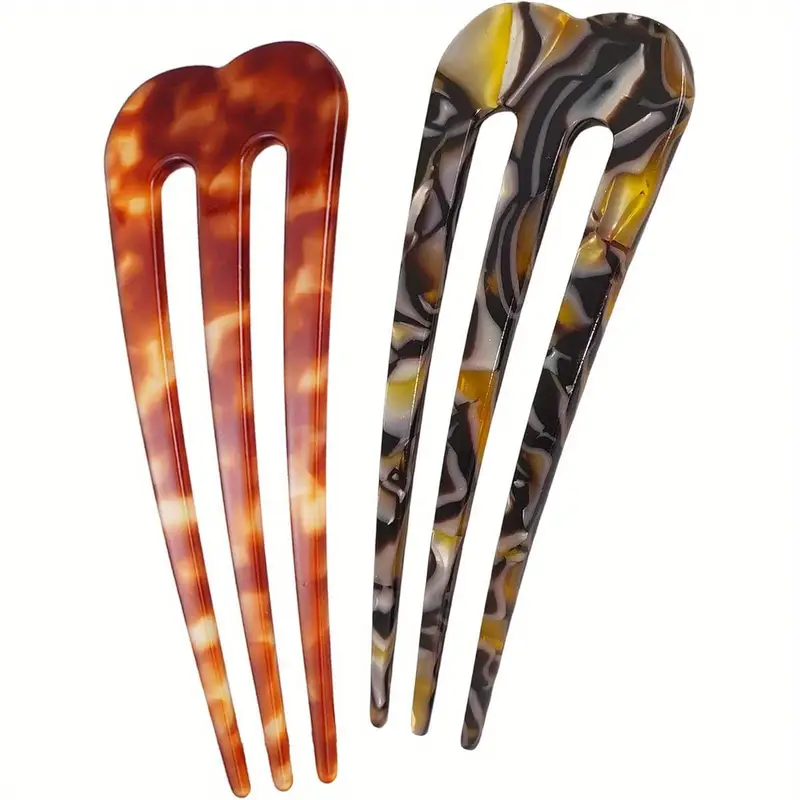 2pcs large 3-prong french hair pins for women - heavy duty u-shaped hair clips with secure hold,   & brown elegant design, lightweight cellulose acetate updo hair sticks for thick/thin hair, wedding, bun,  , twist - ideal gift (1.7 wide, 5 long) - ideal for everyday & formal events - durable & comfortable hairpins for braids, buns, ponytails Product details 0