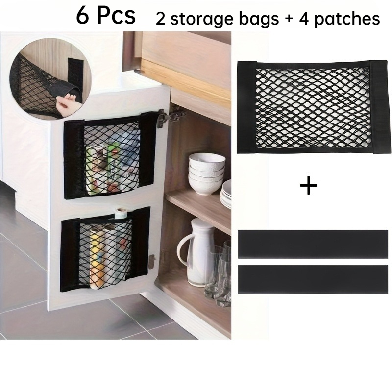 TEMU 6pcs Set (2pcs Storage Bags And 4pcs Patches), Strong Adhesive Wall-mounted Net Bags, Suitable For Cabinet Doors, Car Trunks, Under Sinks, Rvs