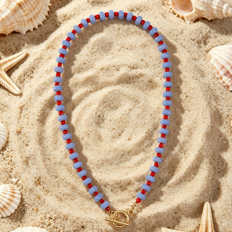 TEMU 1pc Western Bohemian Geometric Round Flat Abacus Bead Glass Stone String Bead Rice Bead Ot Clasp Women's Necklace For Summer Beach Vacation