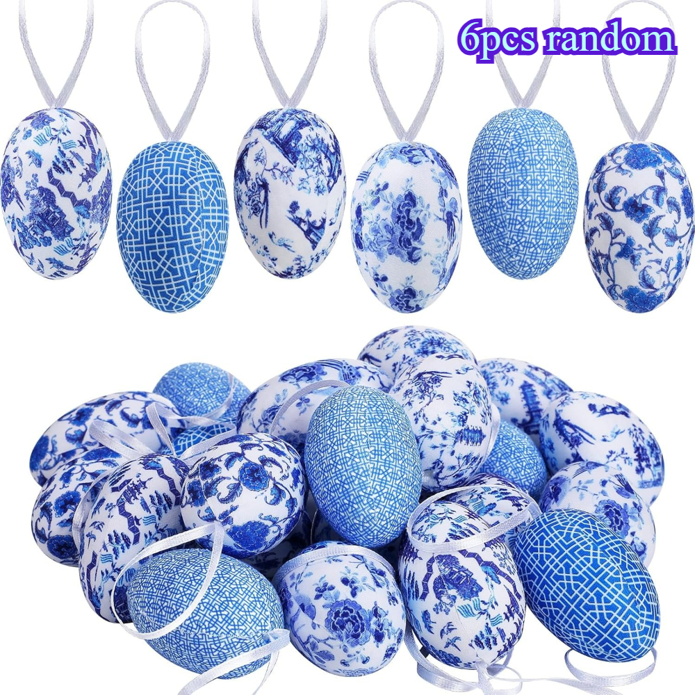 Random 6pcs Pendants, Drops & Finials Chinoiserie Blue And White Easter Tree Hanging Ornament Foam Egg Chinoiserie Decoration For Tree Ornament Spring Filler Home Decoration