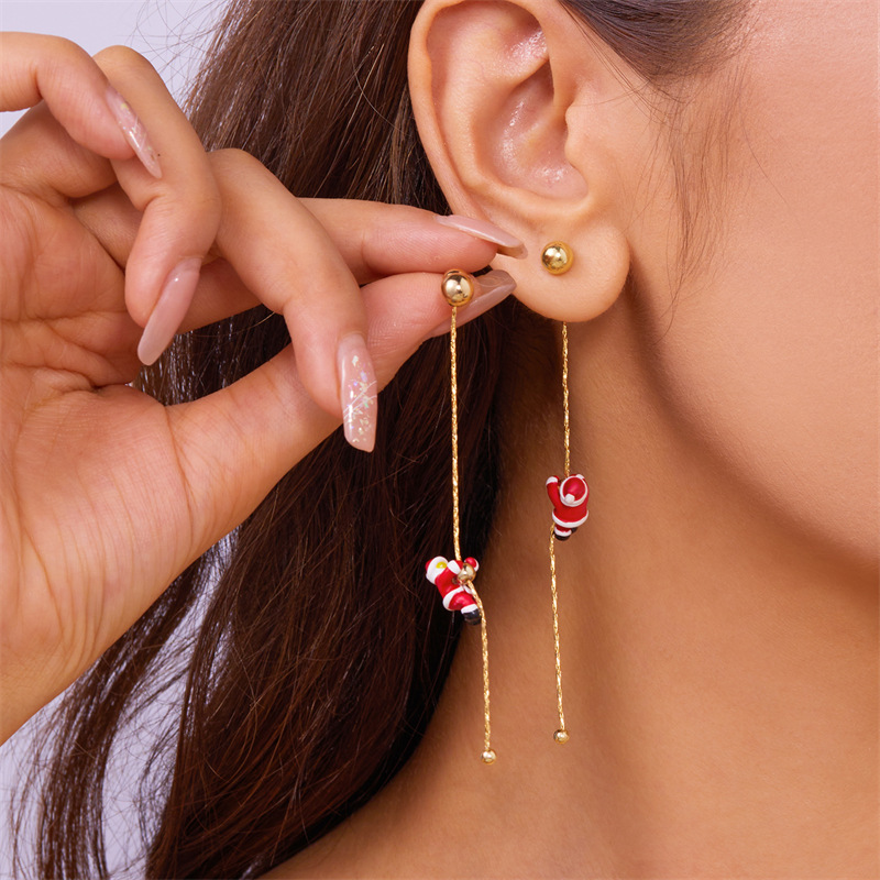 TEMU 1 Pair Christmas Crawling Santa Tassel Long Earrings New Temperament Light Luxury Premium