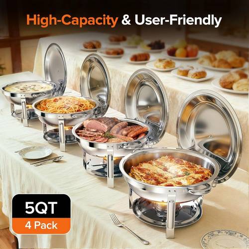 chafing dishes for buffet 4 pack 6l round stainless steel chafing dish set with lid holder for home parties christmas catering events complete buffet warmer set silver cooking