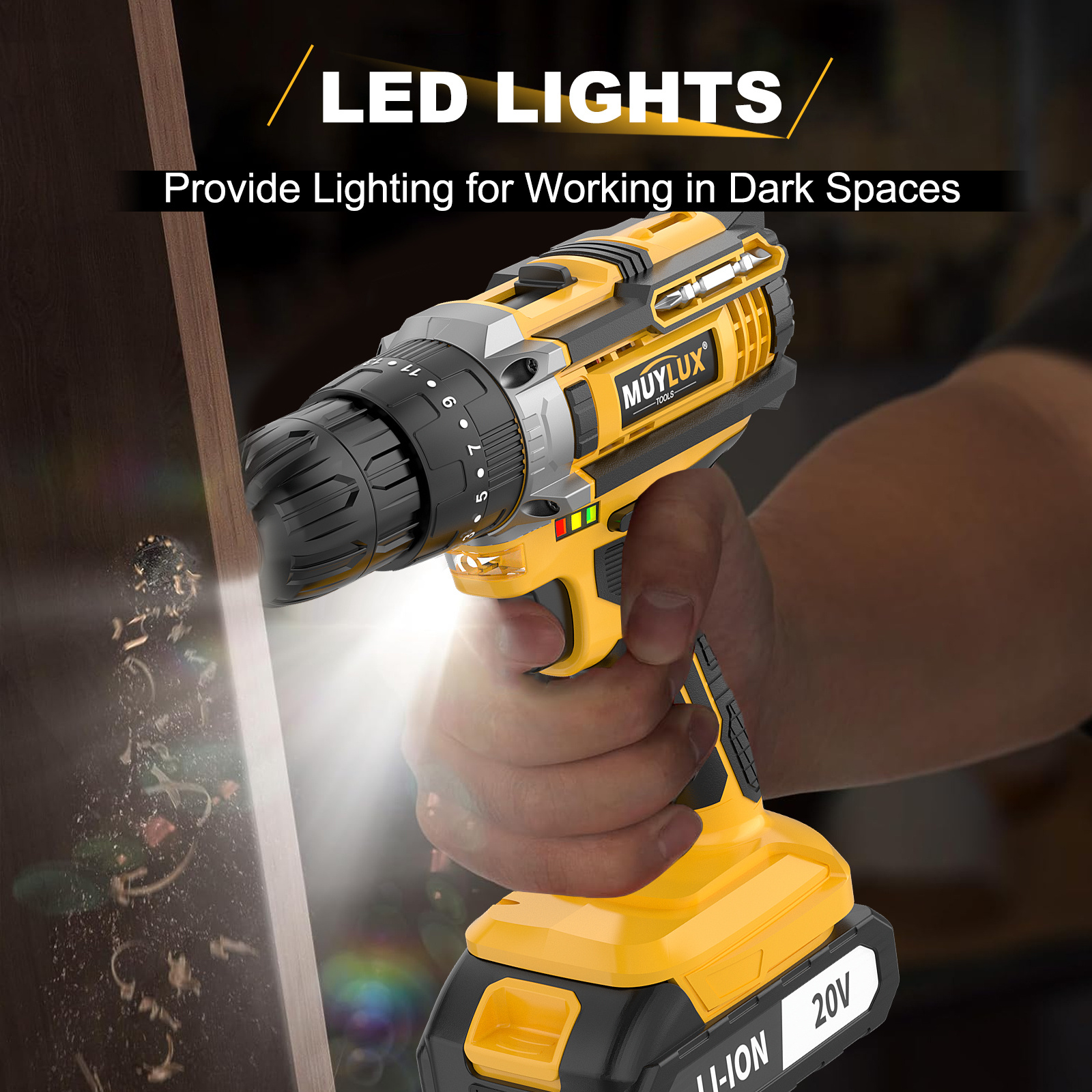 20V draadloze boorset met 3/8-inch sleutelloze klem, 18+3 schakelaar, 45Nm koppel, 2 snelheden, werklicht,