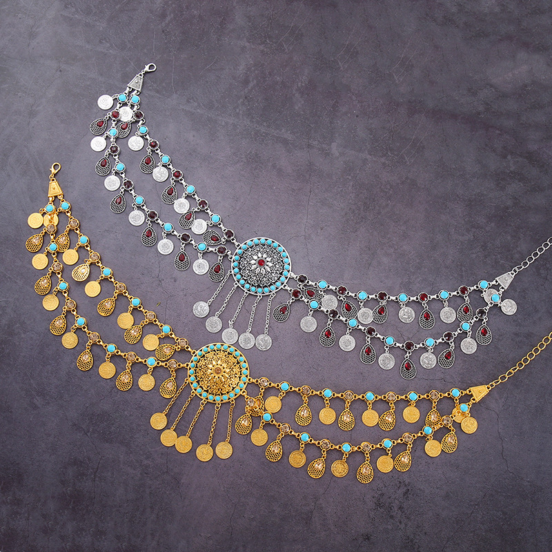 [Bohemian Waist Chain Necklace] NEULRY Women's Bohemian Retro Tassel Waist Chain Necklace - Vintage-Inspired Golden-Tone Metal with Turquoise & Clear Gemstones, Adjustable Headpiece & Waist Chain for Daily Wear, Parties, Weddings, Bohemian Jewelry, Party Accessory, Vintageinspired Design, Intricate Beaded Detail