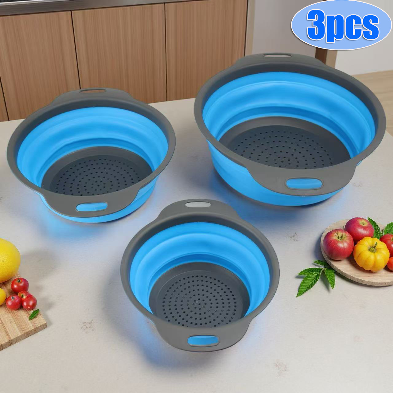 3pcs Collapsible Strainer Set, Space- Foldable Kitchen Sieve With A Non-slip Base, Made Of Durable Thickened Pp+tpr Material, Suitable For Making Pasta, Vegetables, And Fruits ( With Blue)
