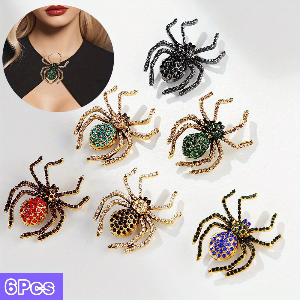 TEMU 6pcs Halloween Gothic Spider Brooch, Sparkling Spider Brooch, Multi-colored, Luxrious Animal Lapel Pin, Elegant Accessory, Suitable For Banquet/
