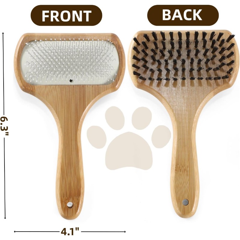 double-sided   grooming   handle & stainless steel detangling system - 2-in-1   brush for long/short hair, reduces shedding, removes  , promotes   -   for large breeds,  , british shorthair cats - heavy-duty metal & bamboo construction, ideal for   sizes - dual-sided brush for detangling & coat   & blood flow, pet grooming kit, bristle brush for dog, dog scrub brush, dog grooming accessories, Product details 1