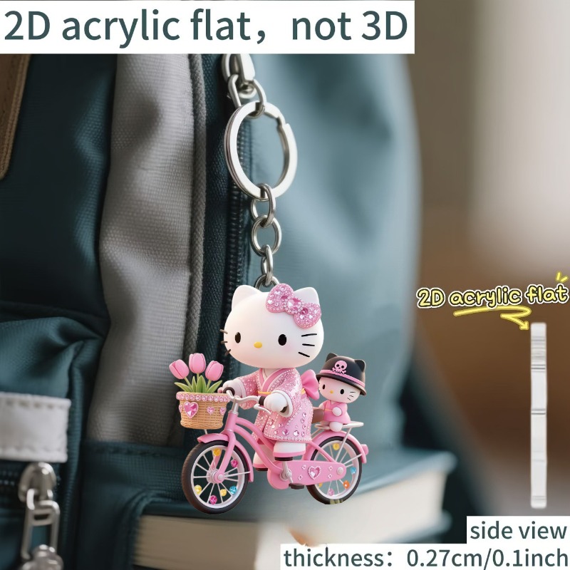 E-shop 2D Flat - Ein 2D Flat Sanrio Hello Kitty Multifunktionaler Dekorativer Anhänger, mit einem 2D Acryl-Schlüsselanhänger von Kitty, die ein Fahrrad