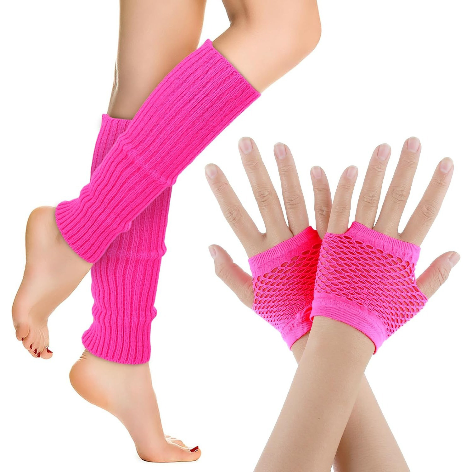 E-shop 4-teiliges 80er-Accessoire-Set für Damen: 1 Paar Neon-Leggings + 1 Paar Netzhandschuhe – Retro-Kostüm für 80er-Partys, Nachtclubs,