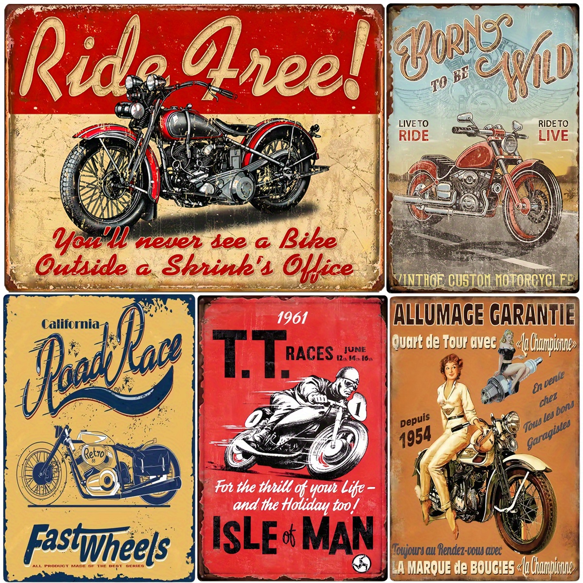 conjunto de 5 placas de lata de metal para garagem americana vintage, decoração de parede para   e motocicletas clássicas,   de ferro de alumínio de 8 x 12 polegadas para   masculina, bar doméstico, garagem, decoração de parede externa 0