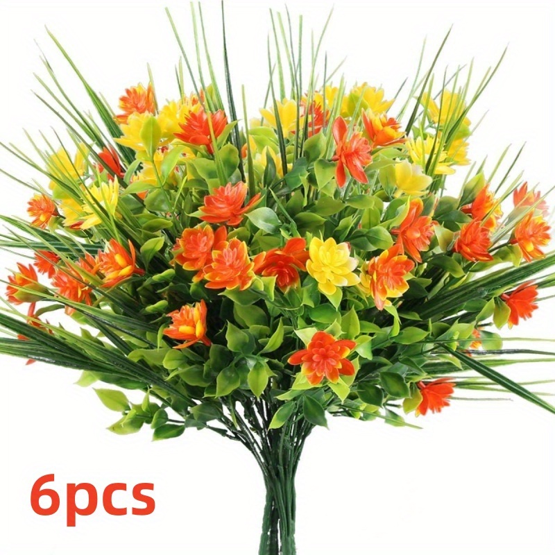 Image of 6pcs Spring Artificial Flowers, Uv Resistant Fake Greenery Plants, Decorative Farmhouse Shrubs For Hanging Planters, Graves, Cemetery, Window Boxes & Front Porch Decor, Artificial Outdoor Flowers