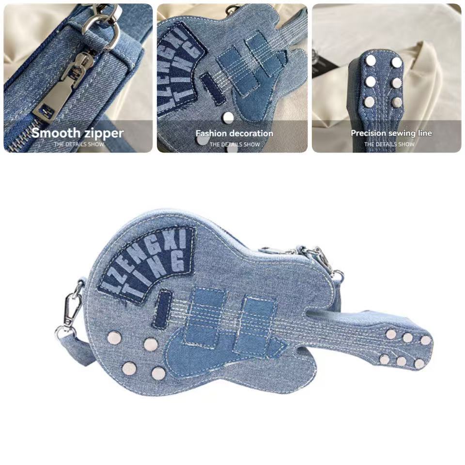 1pc womens punk rock guitar shaped crossbody bag suitable for music lovers detachable strap zipper closure rock tote for concerts casual outfits hand washable Product details 0