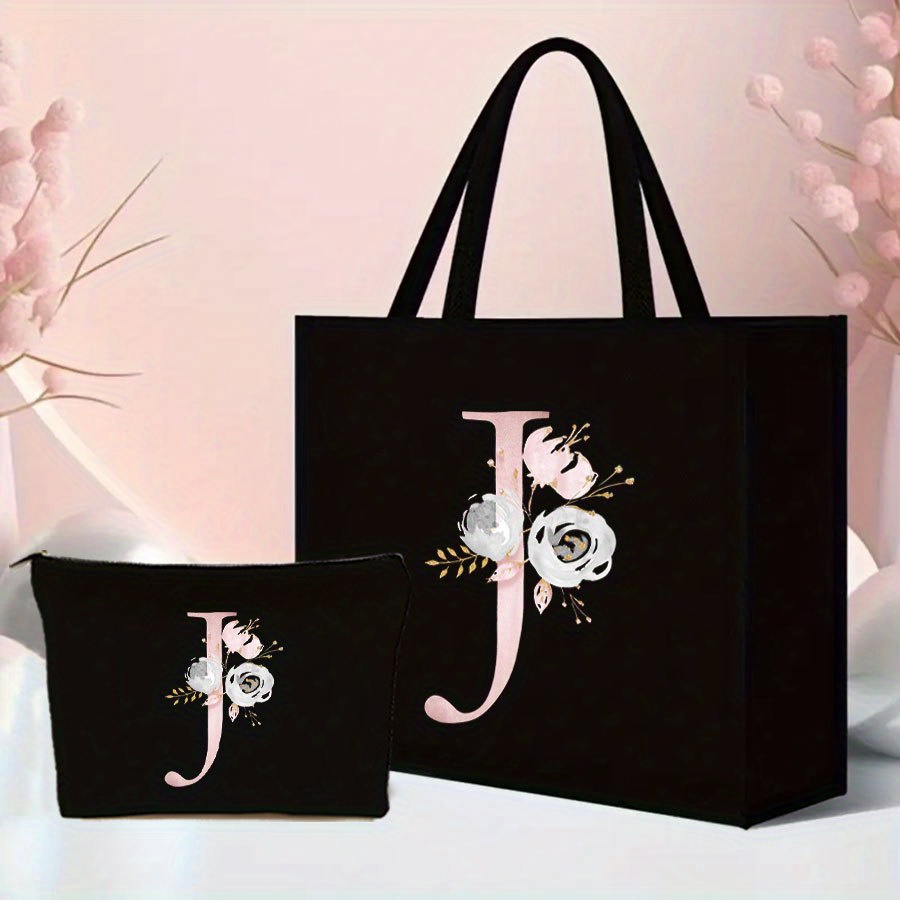 TEMU 2pcs Pink Flower Letter Pattern Tote Bag Set - Lightweight Burlap With Adorable Coin Purse - Shopping, Travel & Beach - Durable & Versatile