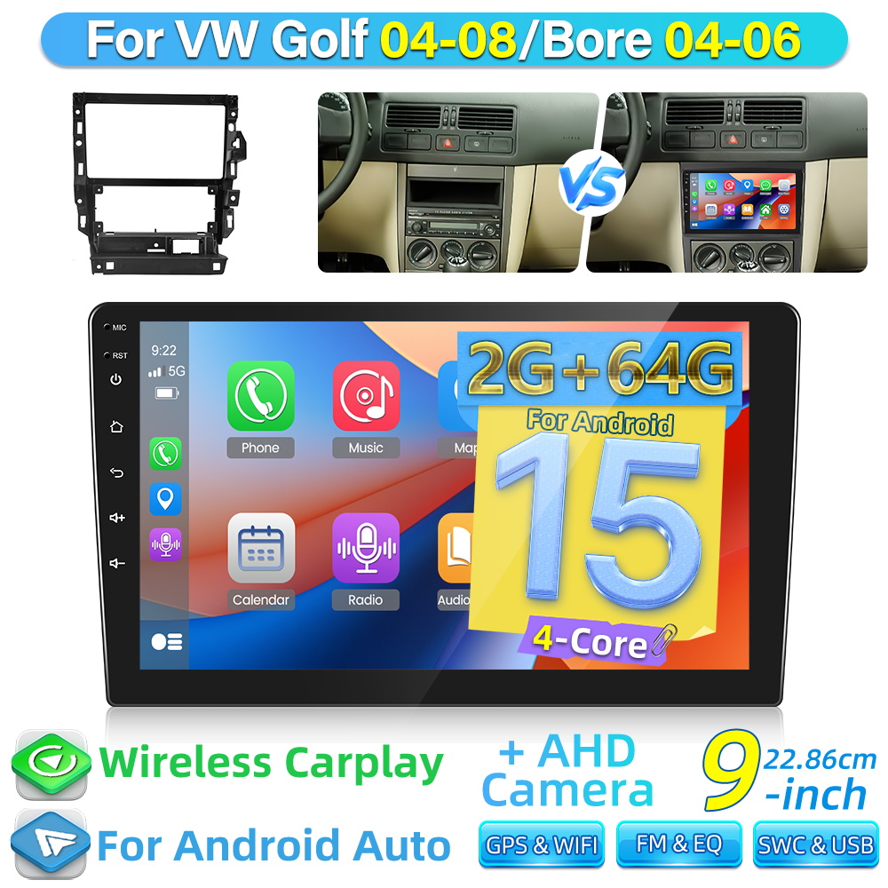 Image of 2g+64g 15 Double Din For 04-08 For Golf 04-06 For Bora (matt Black) Car Stereo Auto, Car Radio 9 Inch Touch Link Gps Wifi Swc Eq Fm/ Rds + Ahd Backup Camera Halloween & Christmas