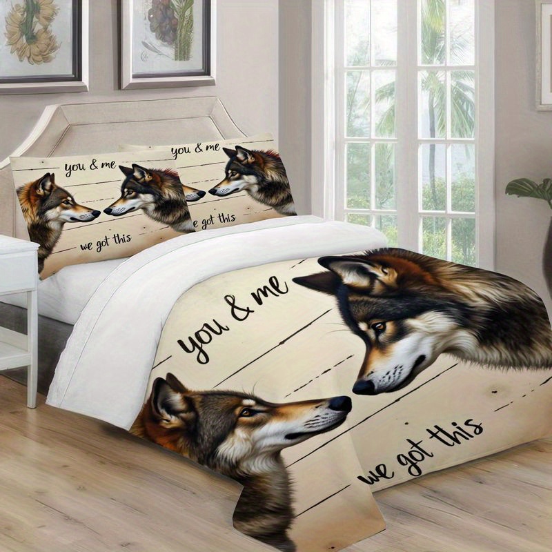 3pcs wild wolf couple printed bedding romantic quote design duvet  , rustic country style bedroom decor, soft microfiber quilt for master   home, beige brown   duvet  +2 pillowcases, home decoration, cozy bedroom, romantic design, couple theme, durable fabric,   bedding, pillowcase set, printed bedding set,   enthusiasts, couples gift Product details 4