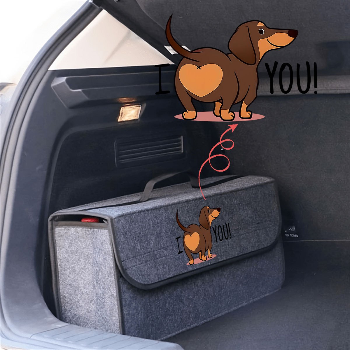 TEMU 1pc Cute Cartoon Dachshund I Love You Printed Foldable Car Trunk Storage Box, Portable Auto Interior Organizer Bag For Vehicle Daily Storage