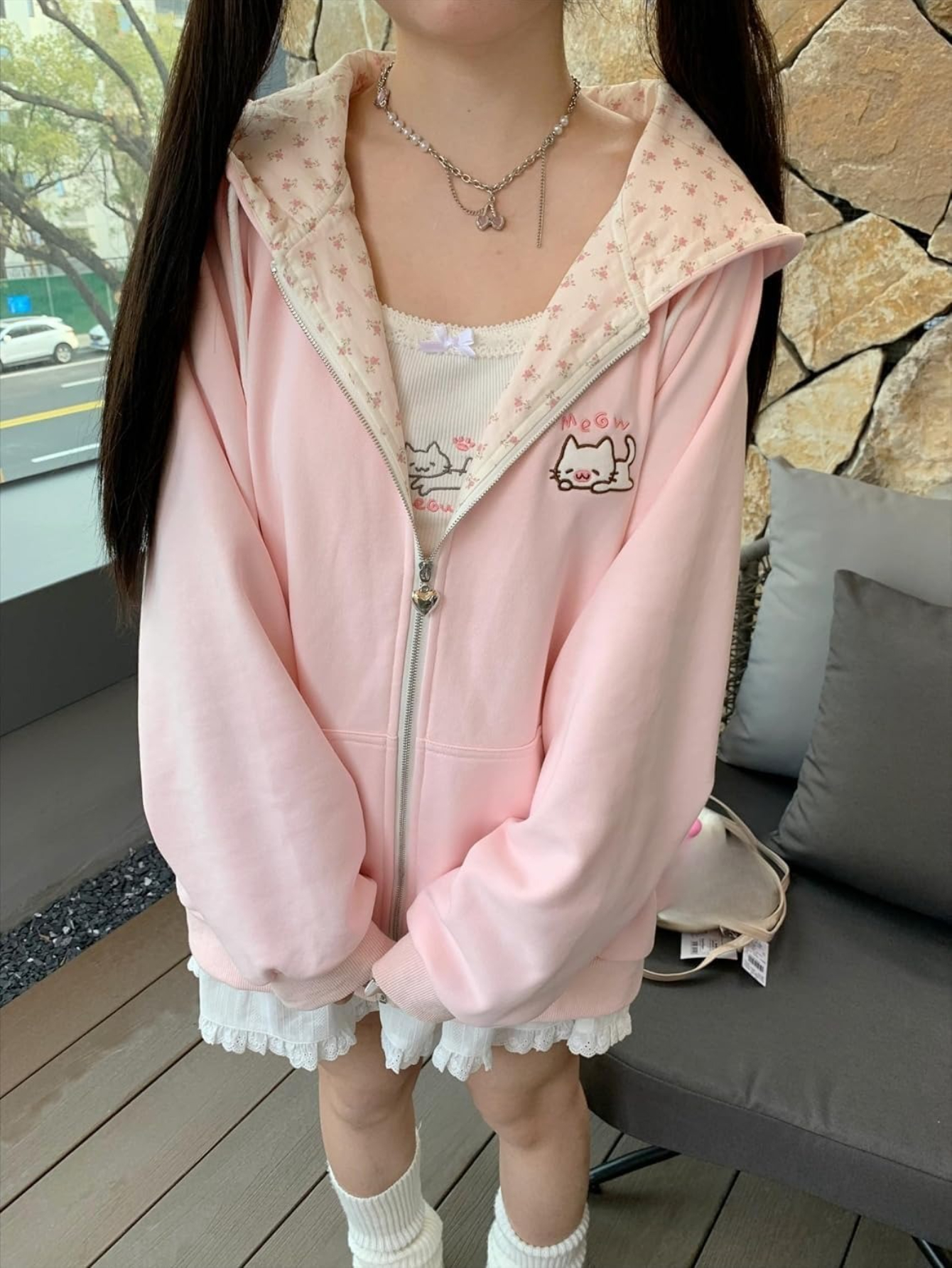 y2k autumn winter pink cute kawaii casual   embroidery zipper hooded long sleeve sweatshirt womens clothing