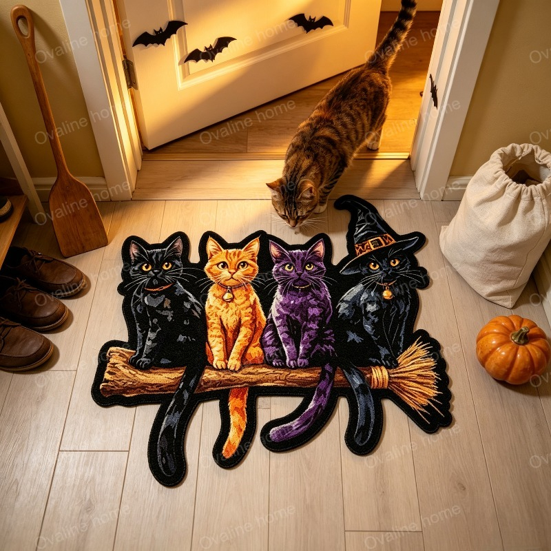TEMU Velvet 900g   9mm Halloween Cute Cartoon Style Living Room Decorative Sofa Rug, 4 Cats Sitting On A Broom, Bedroom Bedside Rug, Irregular Shape