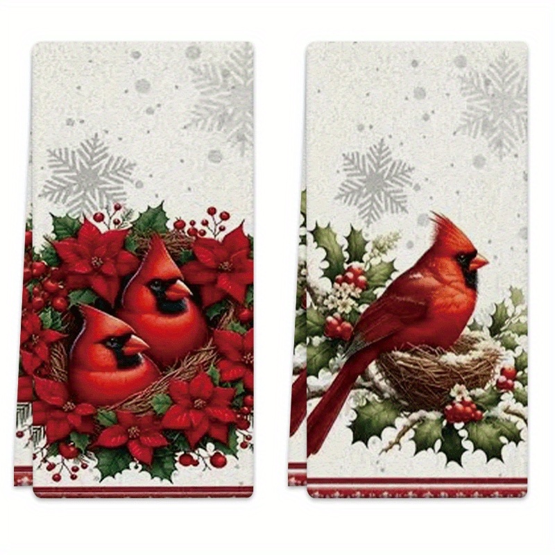 TEMU 2pcs 18x26 Inch Microfiber Dish Towels Suitable & Bath - Absorbent With Bird, Snowflake & Christmas Flower Print, Decorative Suitable For
