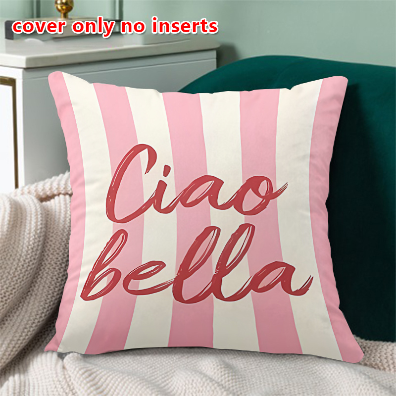 E-shop 1 Stück Lustiger gestreifter Vintage-Kissenbezug – Moderner Stil mit italienischem Bella Kunstmuster, mit rosa Streifen rotem Schriftzug-Design,