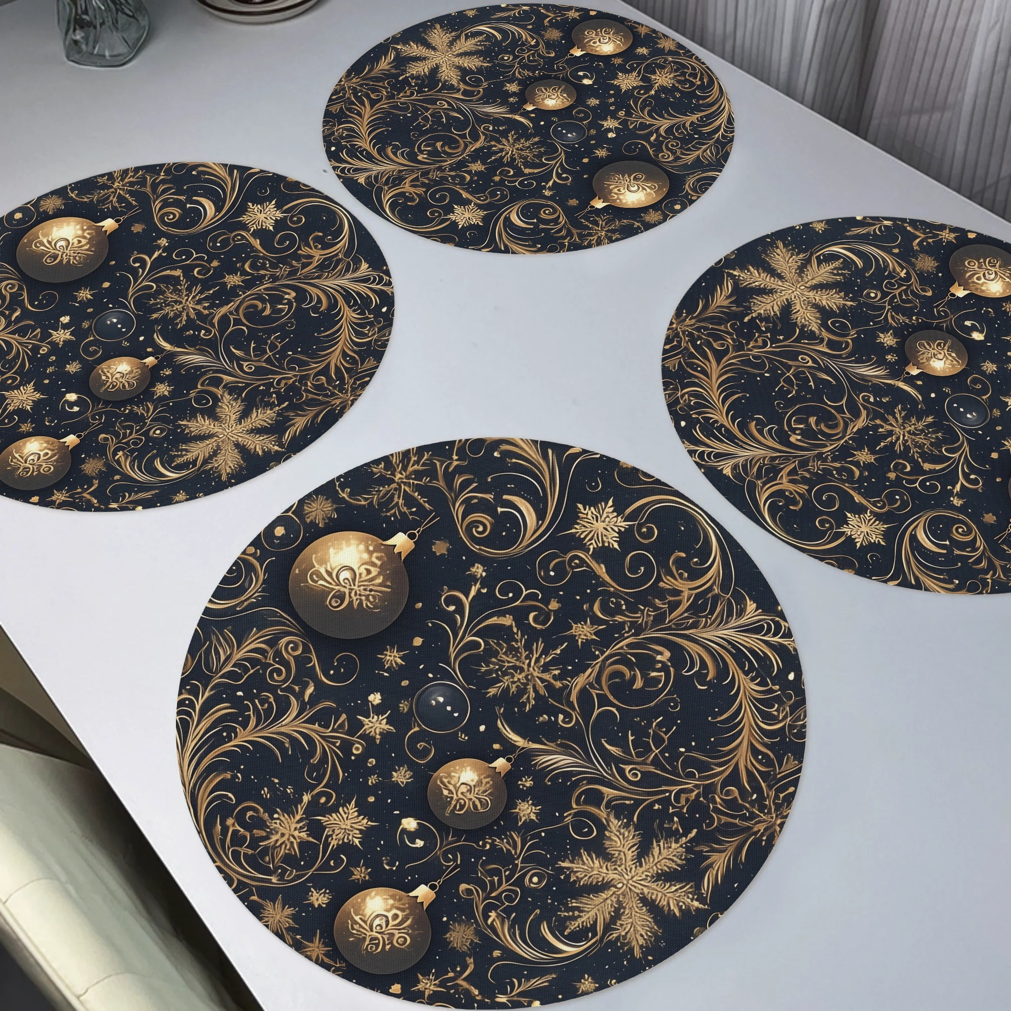 

4pcs Set Golden Christmas Placemats - Non-slip, Heat Resistant & Washable Round Table Mats For Holiday Dining & Kitchen Decor, Kitchen Christmas Decorations