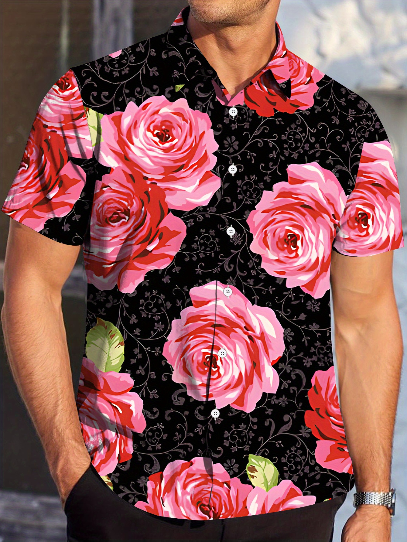 mens 3d rose print short sleeve shirt black vibrant red - Temu Oman