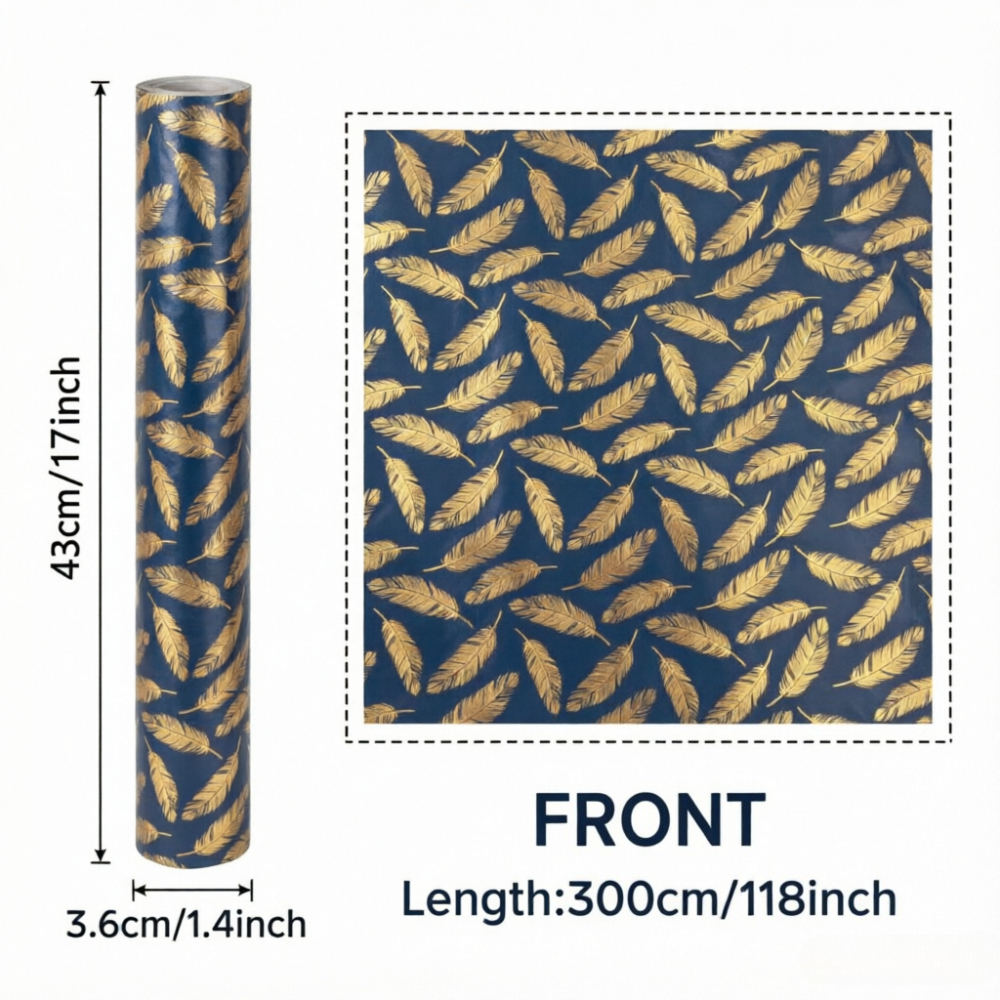 E-shop Schickes Marineblau-Golden Feder Muster Geschenkpapier, Elegantes Geschenkverpackung für Feiern und Besondere Anlässe, 17 Zoll X 118 Zoll (43 cm