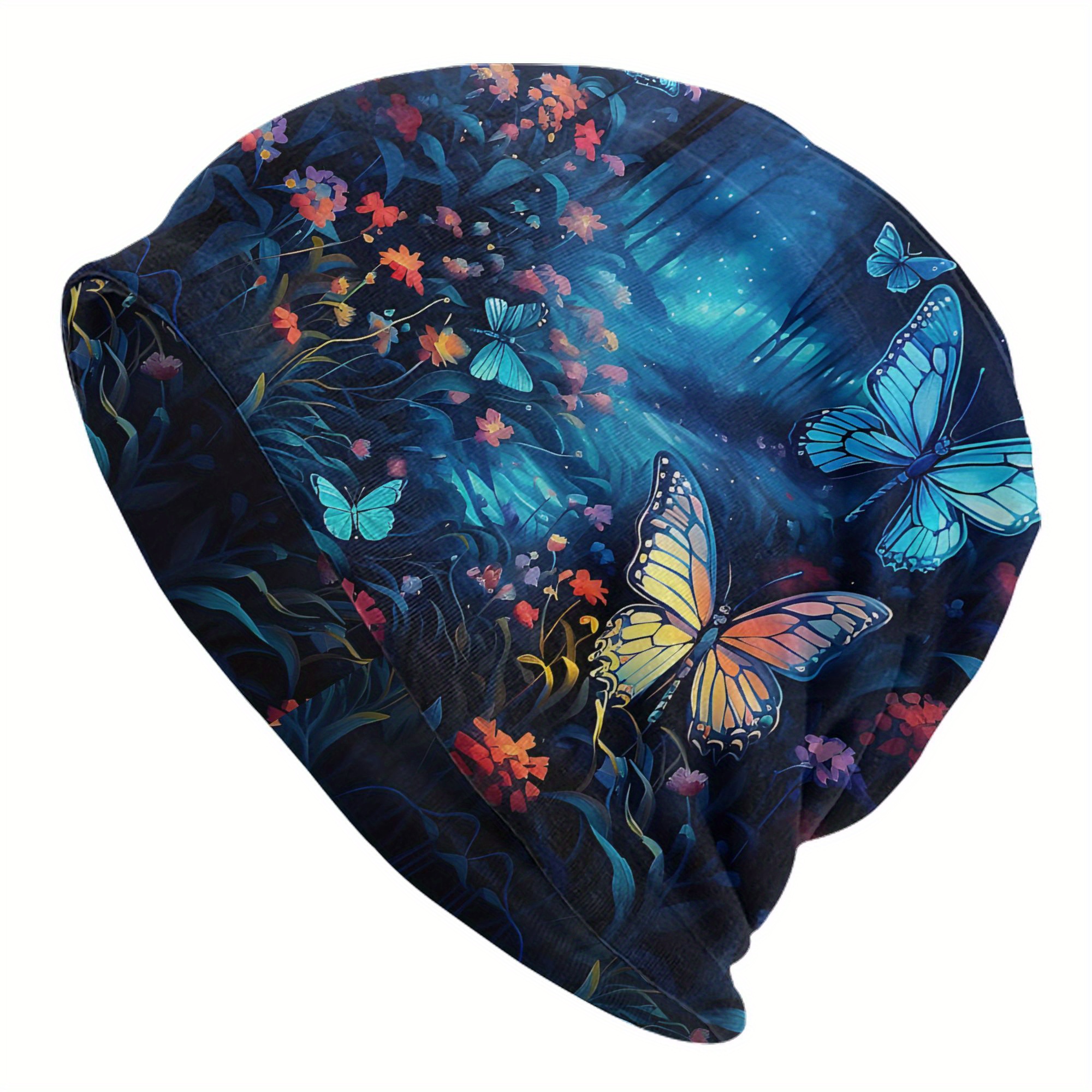 TEMU 1pc Bonnet Tricoté Imprimé Papillon Pour Hommes, Bonnet de En Mélange de Polyester Et D'élastan, Design Naturel, Bonnet de Confort Extensible