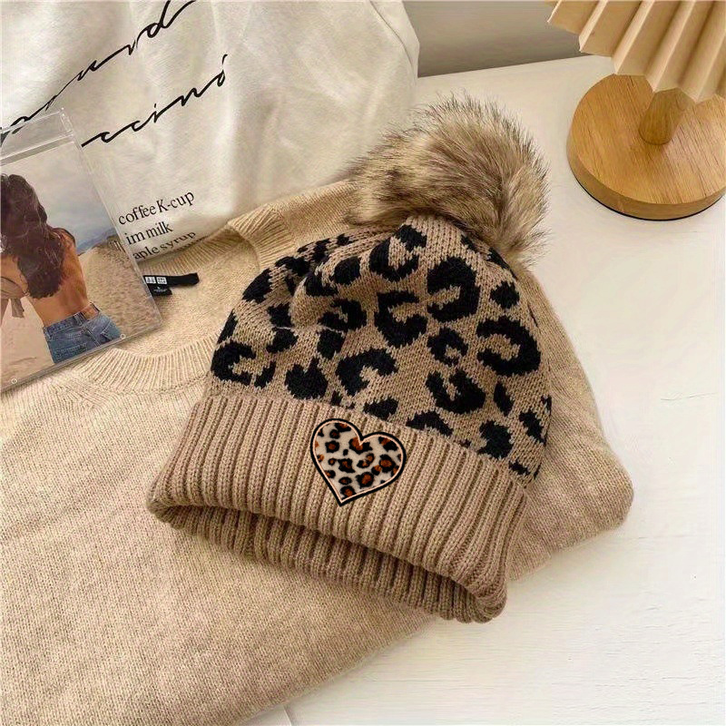TEMU Women's Leopard Print Beanie With & Heart Embroidery Trim - Elastic Suitable For Daily Outdoor Winter Warm Hat, Lightweight Warm For Weather,