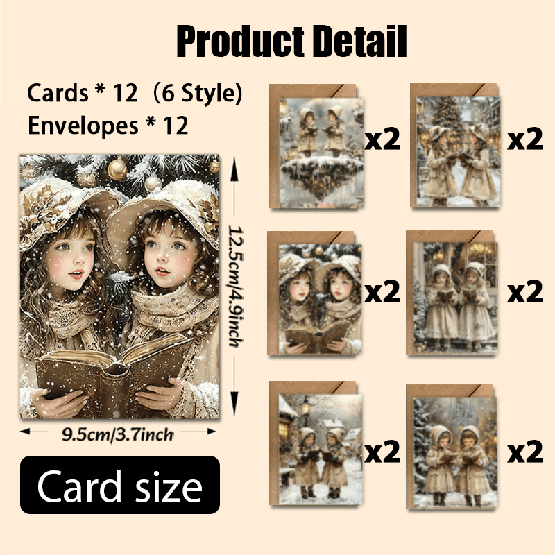 TEMU Upgraded Version With Thicker Premium Cardstock, 12pcs Christmas Greeting Cards With 12pcs Envelopes, Watercolor Style Christmas Carols, Vintage