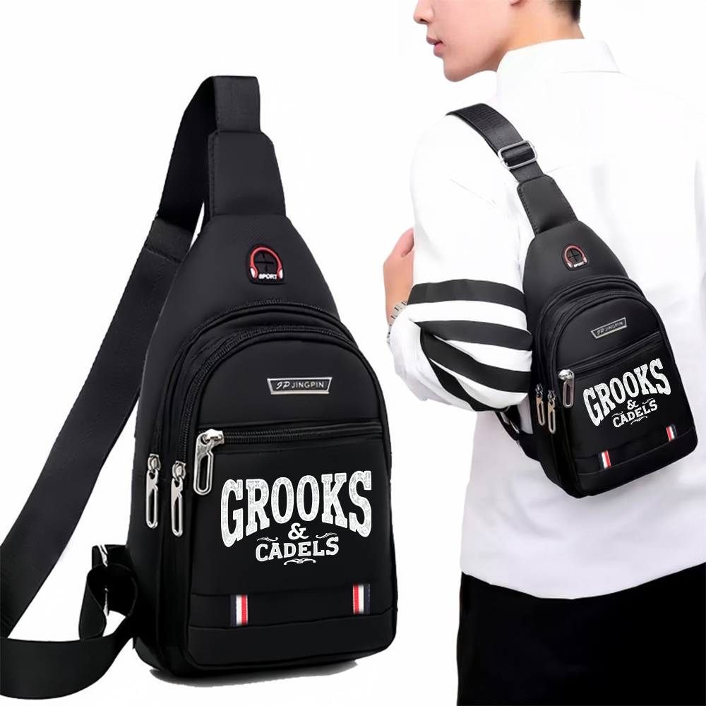 TEMU 1pc Grooks Men's Large Capacity Chest Bag - Adjustable Crossbody Pack With Brand Print, Zipper Closure, Suitable For Travel, Gym, Commuting,