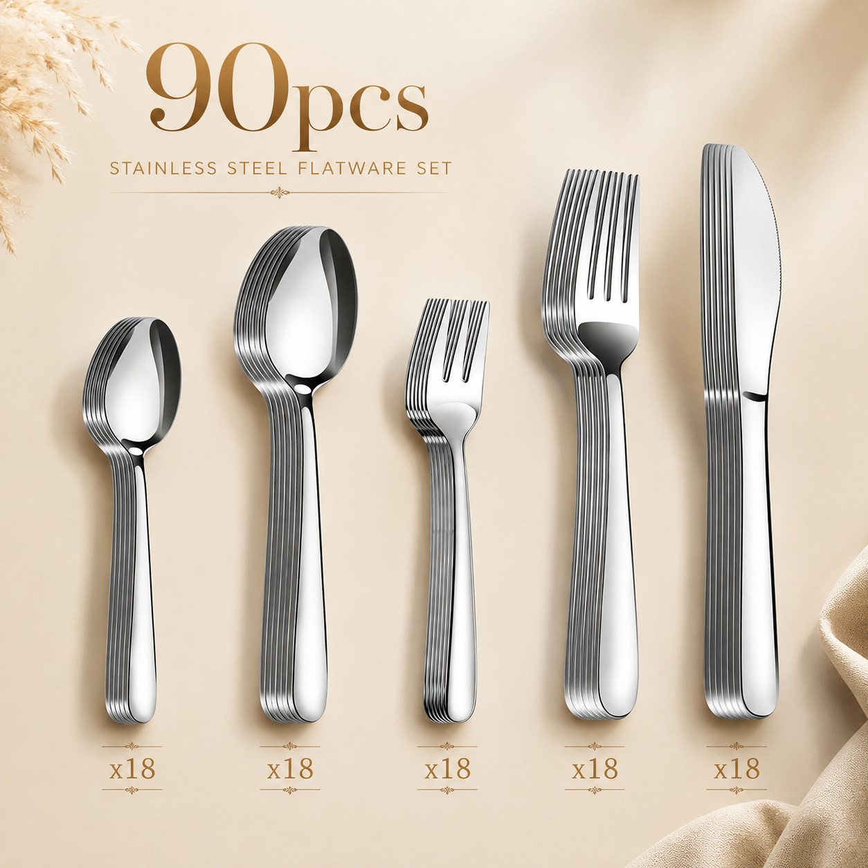 Image of 90pcs Silvery Stainless Steel Cutlery Set, Suitable For Weddings, Parties, Bbqs, And Everyday Home Use, With Mirror End, Comfortable Grip, And Dishwasher Safe