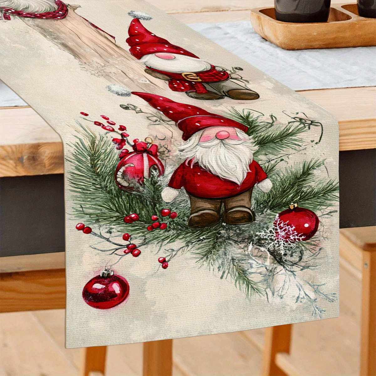 TEMU 1pc Santa Claus Table Runner - Festive Christmas Gnome & Snowflake Design Polyester Square Tablecloth For Holiday Dining Decor, Kitchen & Home