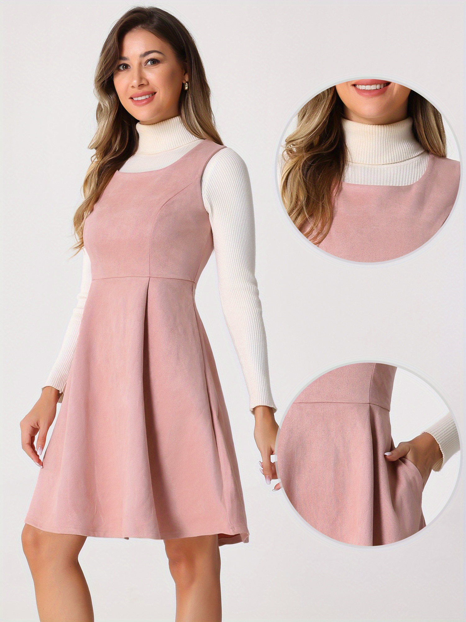 womens vintage pinafore dress suede fabric u neck