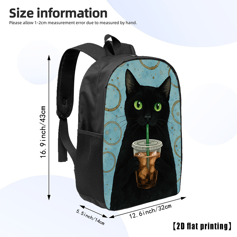 black cat iced coffee casual backpack travel laptop backpack 2d flat printing rucksack with   capacity suitable for   use and commuting