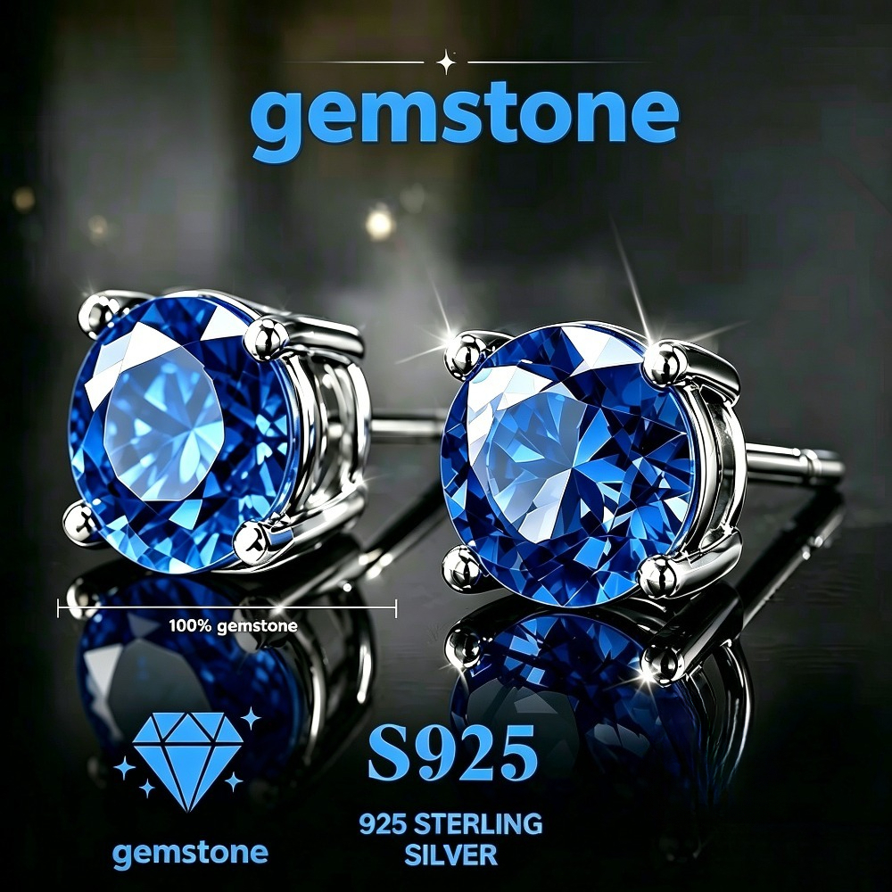 TEMU A Pair Of 925 Sterling Silvery Earrings With Artificial Sapphires- Elegant And Luxurious- Suitable For Parties, Vacations, And Casual