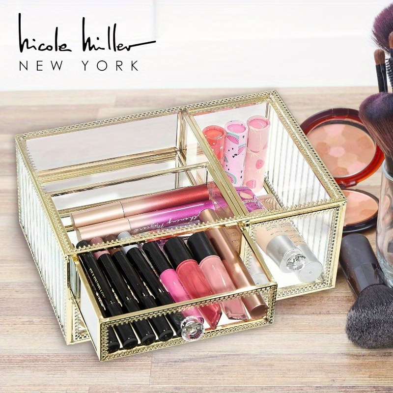 360 degree rotating makeup organizer with golden accents 3 drawer vanity storage no assembly needed elegant cosmetic organizer with   drawers for professional or home use perfect gift   enthusiasts   polished   organized lifestyle Product details 3