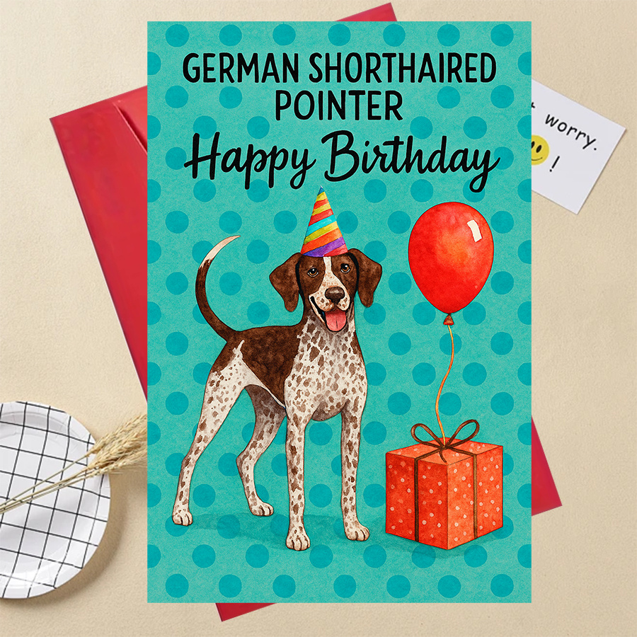 TEMU Gift: German Shorthaired Pointer Birthday Card, With Colorful Party Hat, Balloons, And Gift Box – For Dog Lovers And Pet Enthusiasts