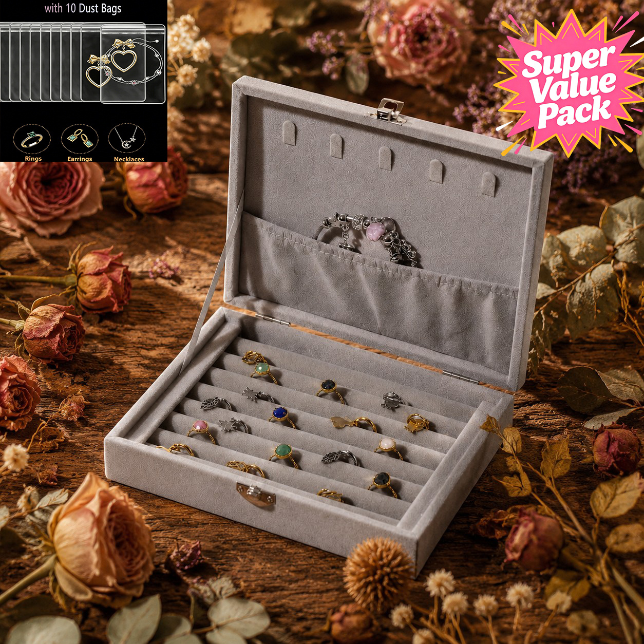 Gray Velvet Jewelry Organizer with Ring Compartments