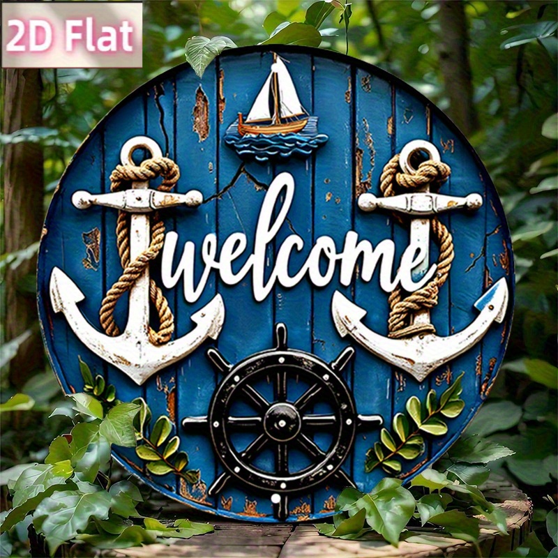TEMU Panneau de Imprimé en Bois 2D Plat - Motif Océan avec Design Rond Vintage sur le Thème de , du Grand et du . Plaque de Style Côte avec un Design