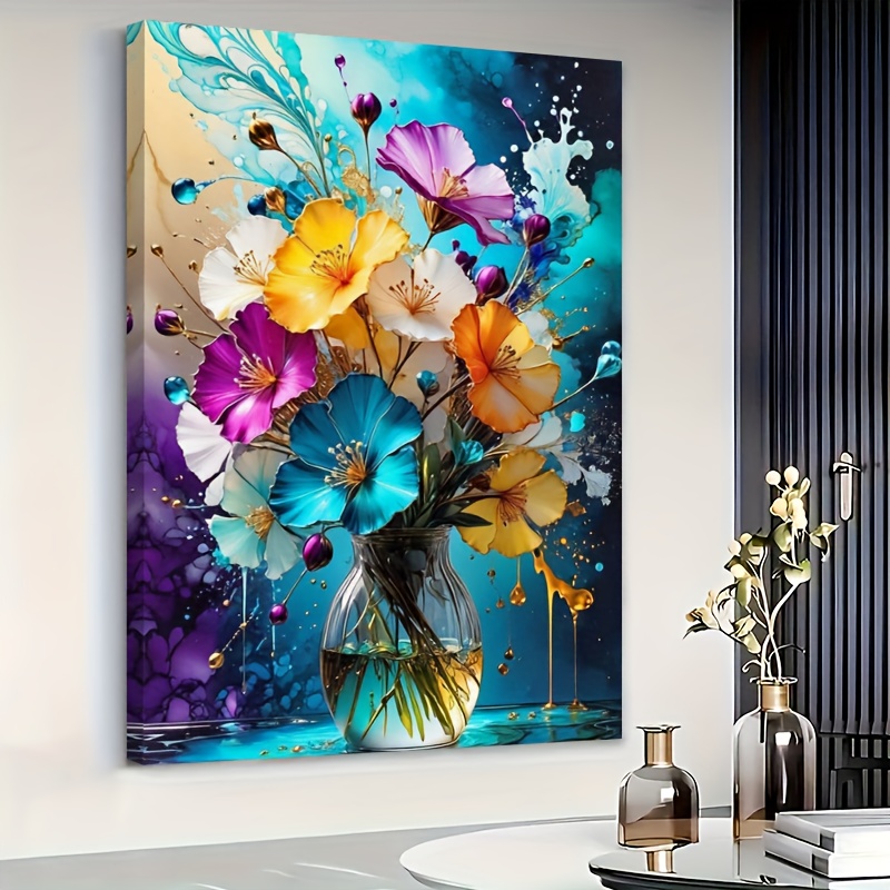 TEMU 2d Flat, 2d Flat, A Single Piece Of 2d Flat Artwork Featuring A Wooden Frame, This Large Abstract Floral Canvas Painting Showcases A Vibrant Mix